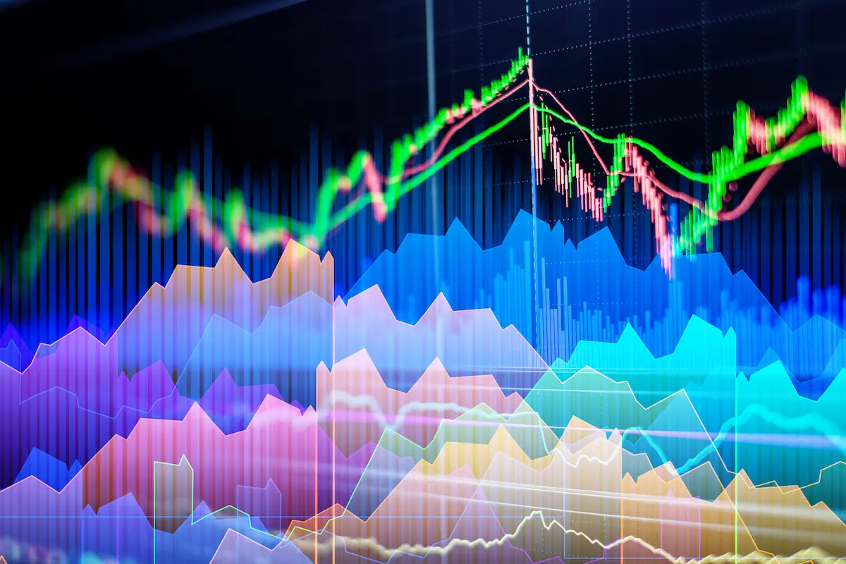 Colorful abstract financial chart with overlapping shaded areas and fluctuating lines.
